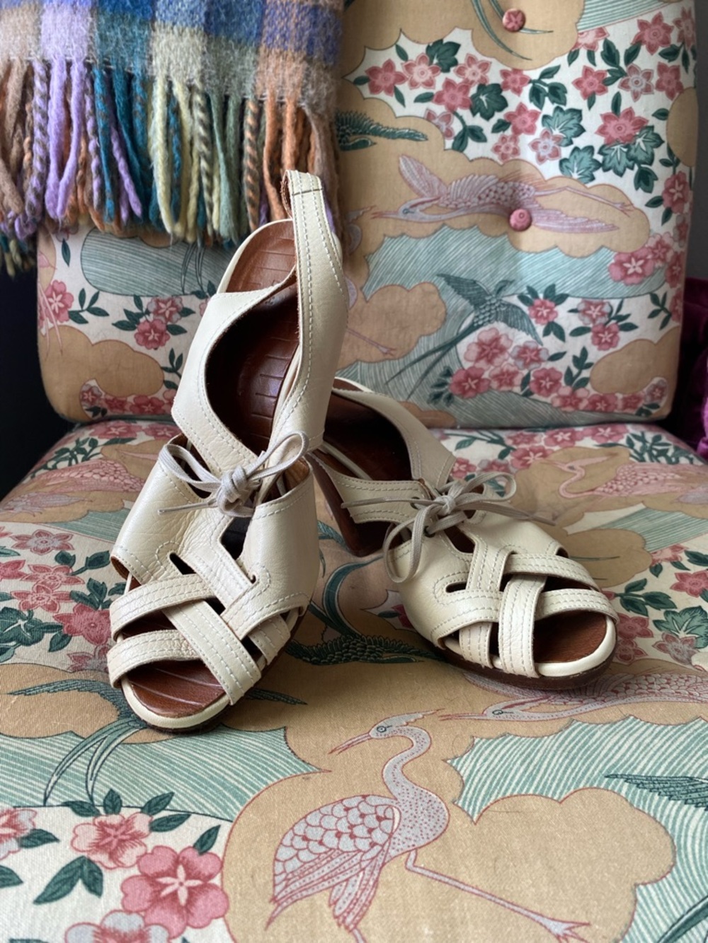 Chie Mihara Cream Women's Leather Slingback Sandals with Tie